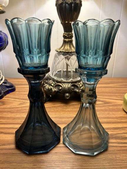 Vintage Fostoria blue candlestick holders
