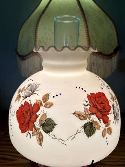 VINTAGE PEDESTAL OIL CONVERTED ELECTRIC LAMP PAINTED RUBY RED GLASS