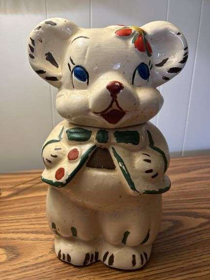 vintage American Bisque "Turnabout" or "Double Face" Teddy Bear cookie jar, likely from the 1940s