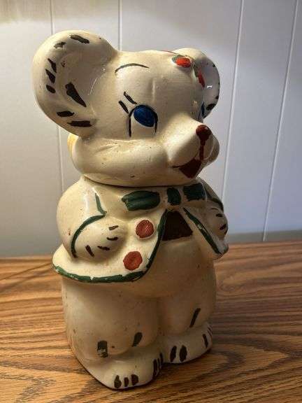 vintage American Bisque "Turnabout" or "Double Face" Teddy Bear cookie jar, likely from the 1940s