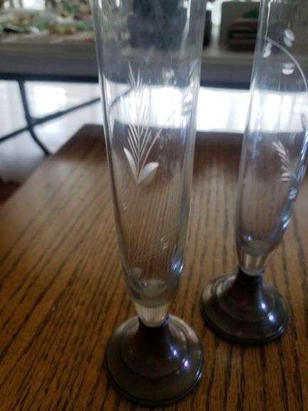 2 silver base etched glass bud vases