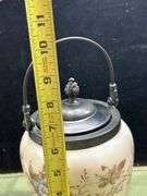 Look it up! Antique Milk Glass Biscuit/Cracker Jar, Metal Lid & Handle, Mt Washington