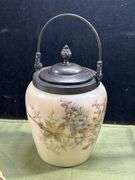 Look it up! Antique Milk Glass Biscuit/Cracker Jar, Metal Lid & Handle, Mt Washington