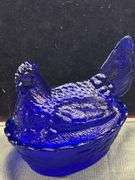 Mid-sized Cobalt Blue glass hen on the nest