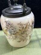 Look it up! Antique Milk Glass Biscuit/Cracker Jar, Metal Lid & Handle, Mt Washington