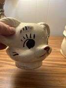 vintage American Bisque "Turnabout" or "Double Face" Teddy Bear cookie jar, likely from the 1940s