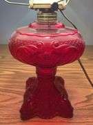 VINTAGE PEDESTAL OIL CONVERTED ELECTRIC LAMP PAINTED RUBY RED GLASS