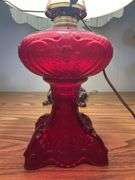 VINTAGE PEDESTAL OIL CONVERTED ELECTRIC LAMP PAINTED RUBY RED GLASS