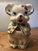 vintage American Bisque "Turnabout" or "Double Face" Teddy Bear cookie jar, likely from the 1940s