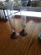 2 silver base etched glass bud vases