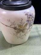 Look it up! Antique Milk Glass Biscuit/Cracker Jar, Metal Lid & Handle, Mt Washington