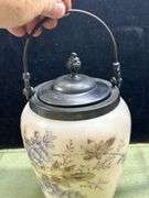 Look it up! Antique Milk Glass Biscuit/Cracker Jar, Metal Lid & Handle, Mt Washington