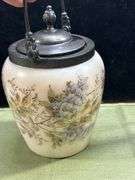 Look it up! Antique Milk Glass Biscuit/Cracker Jar, Metal Lid & Handle, Mt Washington