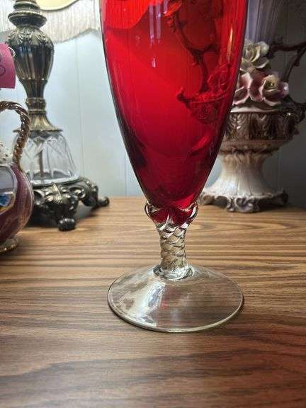 Vintage Red Glass Bud Vase on Clear Twisted Pedestal,