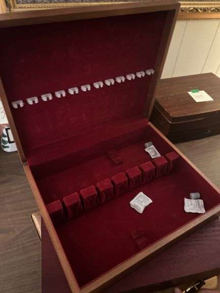 Two silverware boxes and a vintage briefcase