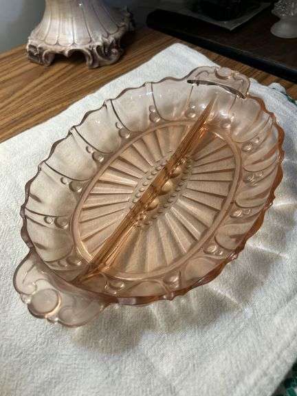 Anchor Hocking Oyster and Pearl Pink Depression Glass Divided Dish.