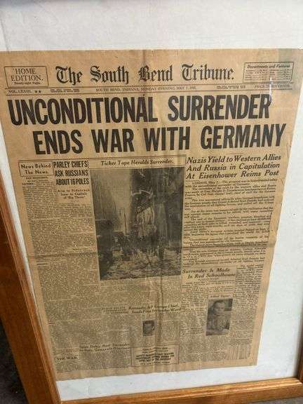 Early 1945 Surrender ends war with Germany South Bend Tribune framed newspaper