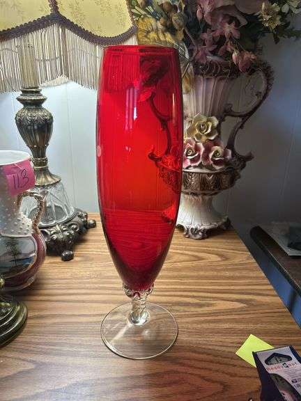 Vintage Red Glass Bud Vase on Clear Twisted Pedestal,