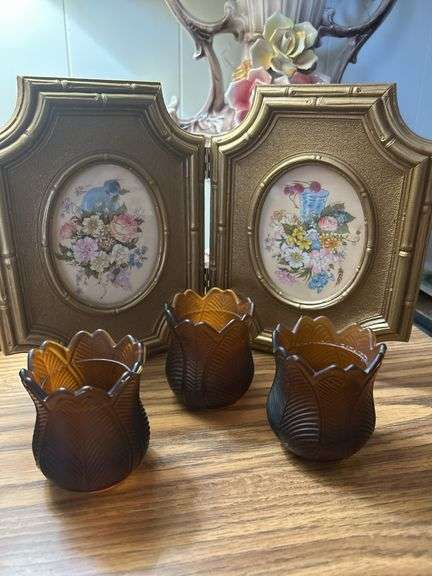 Vintage Cristal Votive Candle Holders and vintage floral pictures in frame