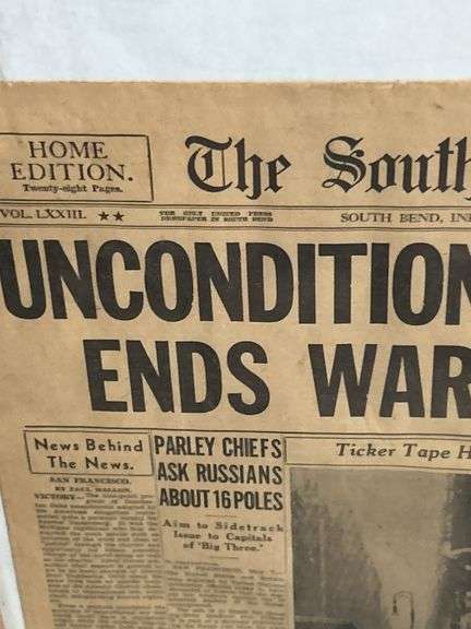 Early 1945 Surrender ends war with Germany South Bend Tribune framed newspaper