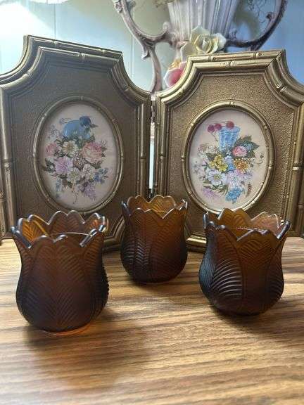 Vintage Cristal Votive Candle Holders and vintage floral pictures in frame