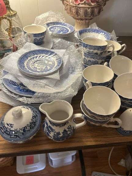 Set of 45+ pices of Blue Willow dishes -with sugar and creamer and salt and pepper shakers