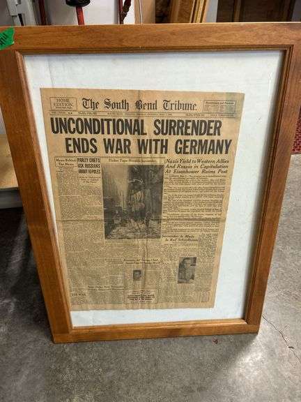 Early 1945 Surrender ends war with Germany South Bend Tribune framed newspaper