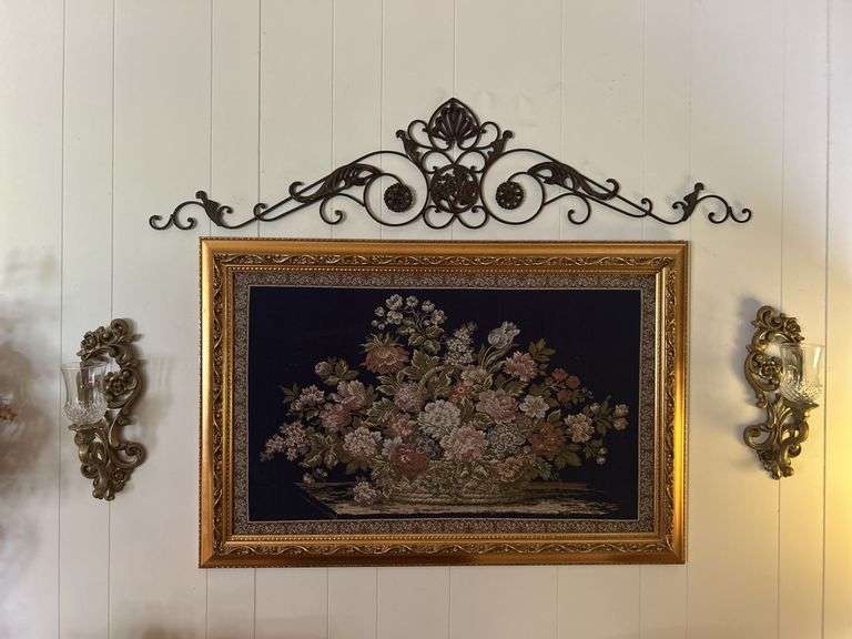 Beautiful framed, tapestry and sconces