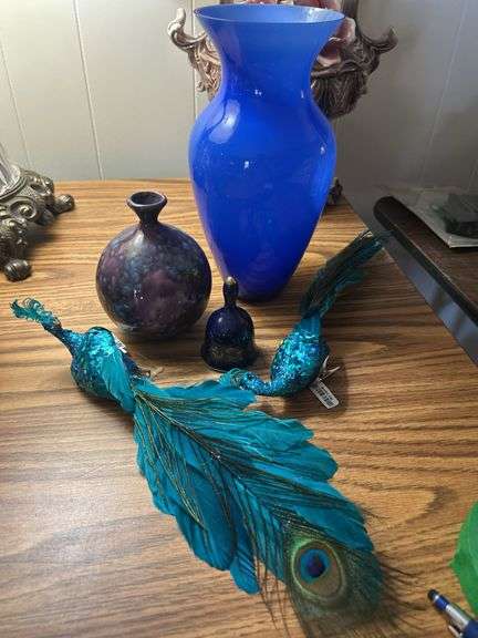 Handled basket with Cobalt vase and miscellaneous