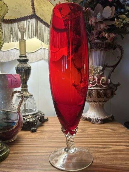 Vintage Red Glass Bud Vase on Clear Twisted Pedestal,