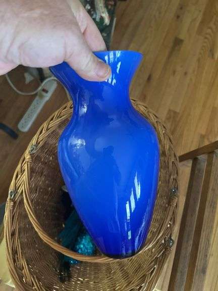 Handled basket with Cobalt vase and miscellaneous