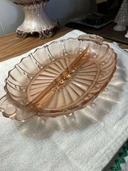 Anchor Hocking Oyster and Pearl Pink Depression Glass Divided Dish.