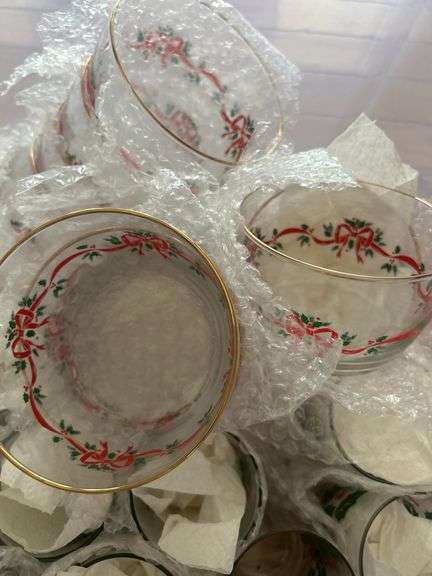 Crate of Holiday glasses and gold trim dessert bowls (20+ glasses & 15+)