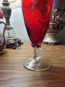Vintage Red Glass Bud Vase on Clear Twisted Pedestal,