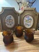 Vintage Cristal Votive Candle Holders and vintage floral pictures in frame