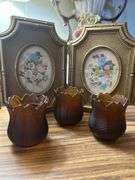 Vintage Cristal Votive Candle Holders and vintage floral pictures in frame