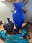 Handled basket with Cobalt vase and miscellaneous