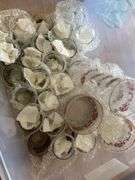 Crate of Holiday glasses and gold trim dessert bowls (20+ glasses & 15+)