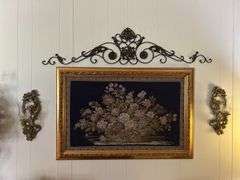 Beautiful framed, tapestry and sconces