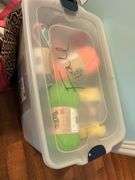 Large tub and bags of yard and crafting items