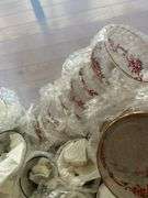 Crate of Holiday glasses and gold trim dessert bowls (20+ glasses & 15+)