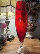 Vintage Red Glass Bud Vase on Clear Twisted Pedestal,