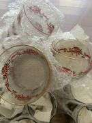 Crate of Holiday glasses and gold trim dessert bowls (20+ glasses & 15+)