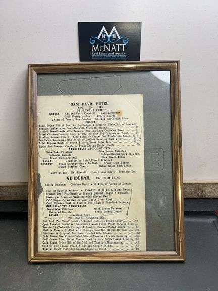 1939 framed menu from the Sam Davis, Hotel Pulaski, Tennessee ￼