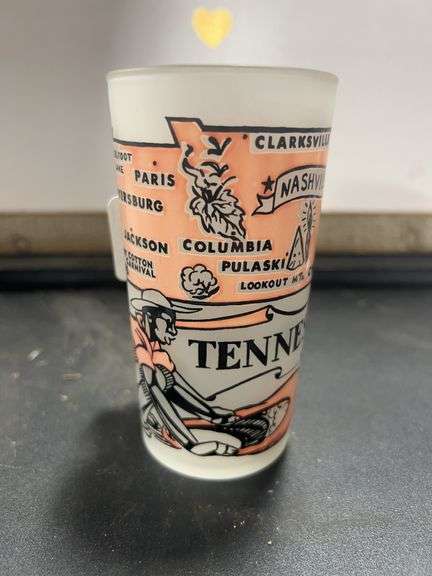 Rare! Tennessee souvenir glass with May Cotton Carnival , TVA , KKK, and more on the map -see photos