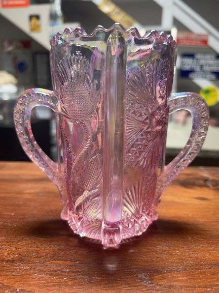 Higbee Pink Glass Paneled Thistle 2-Handled Celery Vase - Iridescent