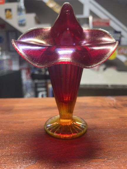 Glowing! Fenton Art Glass Ruby Red Carnival Stretch Jack in the Pulpit Vase -Pulaski Estate