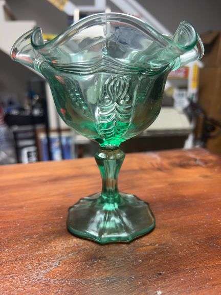 Fenton Glass Sea Mist Green Empress Pattern Ruffled Compote