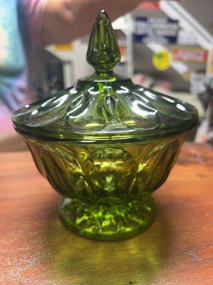 Green glass candy dish