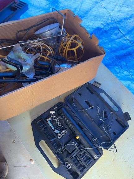 Box lot - rechargeable screwdriver (non-running) -gun rack and more -see photos